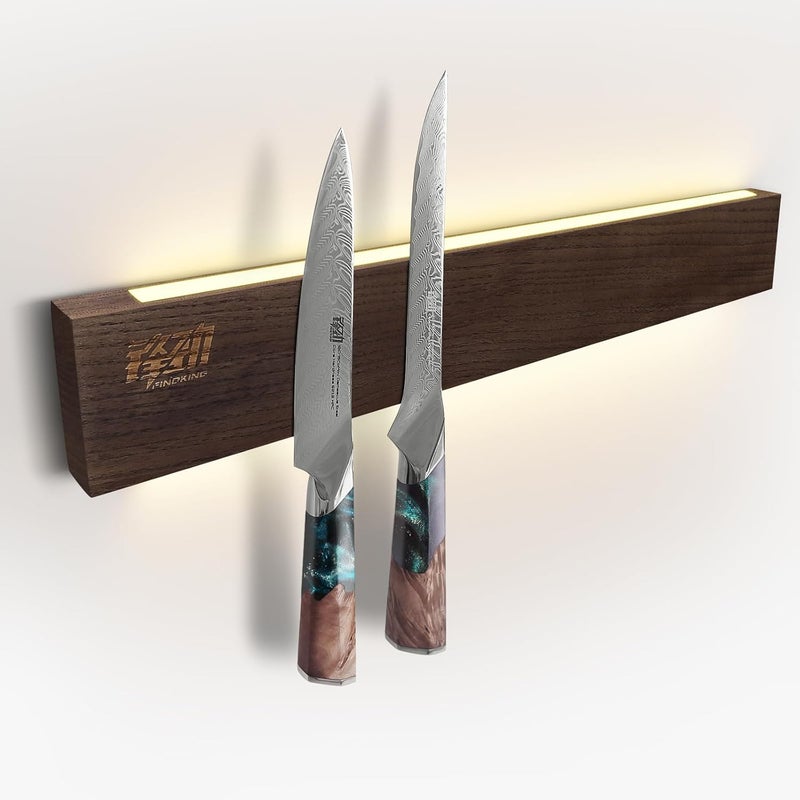 FINDKING 16 Inches Lighted Magnetic Knife Strip, Backlit LED Utensil Holder for Wall and Refrigerator, Magnet Knife Rack for Home Kitchen, No Drill (Ash Wood, Dark Brown) - Image 1